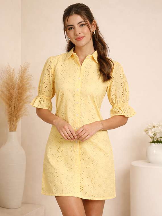 women solid puff sleeve schiffli shirt dress