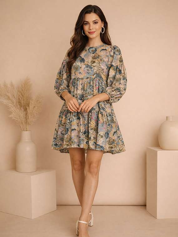 women printed puff sleeve tiered dress