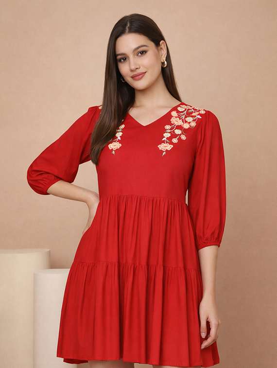 women embroidered puff sleeve tiered dress - 22345923 -  Standard Image - 2