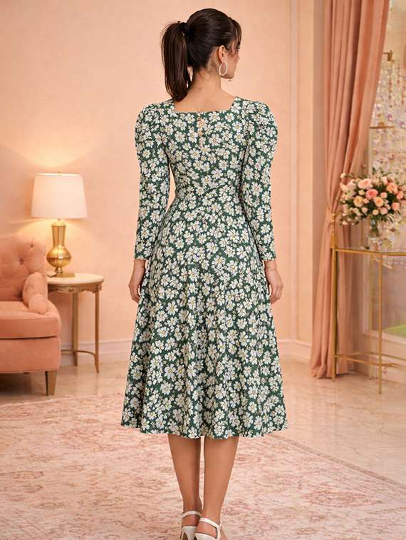 women floral print puff sleeve fit & flare dress - 22345927 -  Standard Image - 2