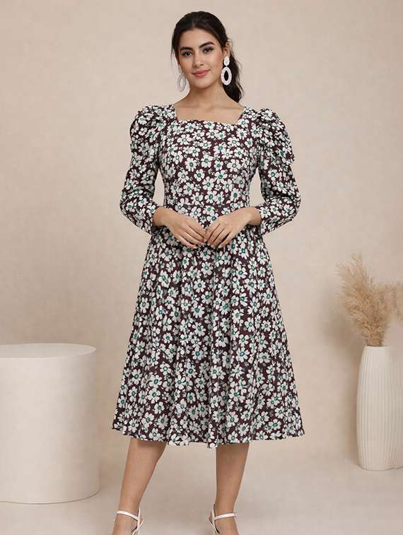 women floral print puff sleeve fit & flare dress