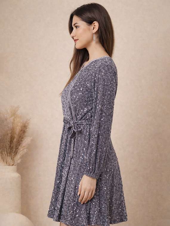 women sequined puff sleeve a-line dress - 22345935 -  Standard Image - 2