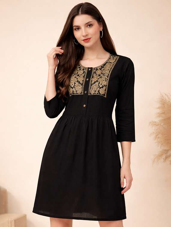 women embroidered three quarter sleeve a-line dress