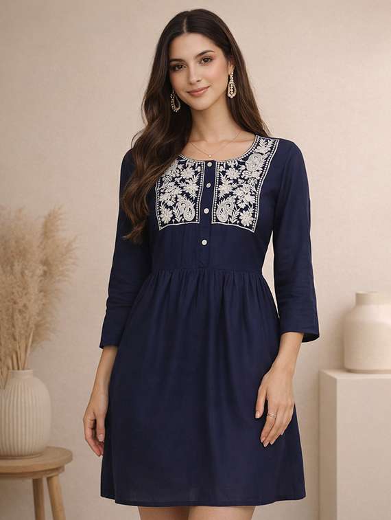 women embroidered three quarter sleeve a-line dress