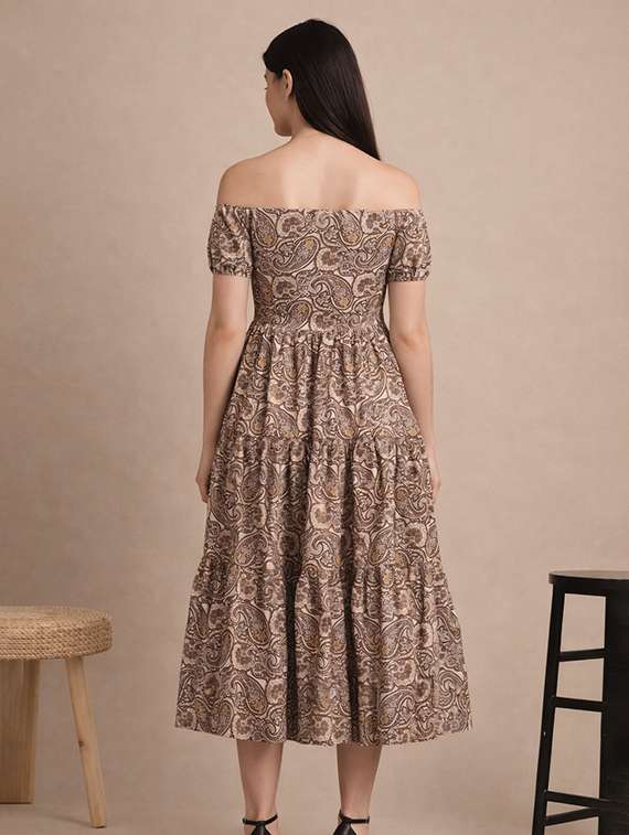 women printed off shoulder tiered dress - 22345940 -  Standard Image - 2