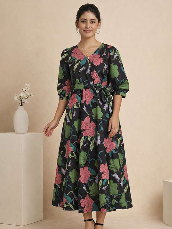 women floral print puff sleeve fit & flared dress
