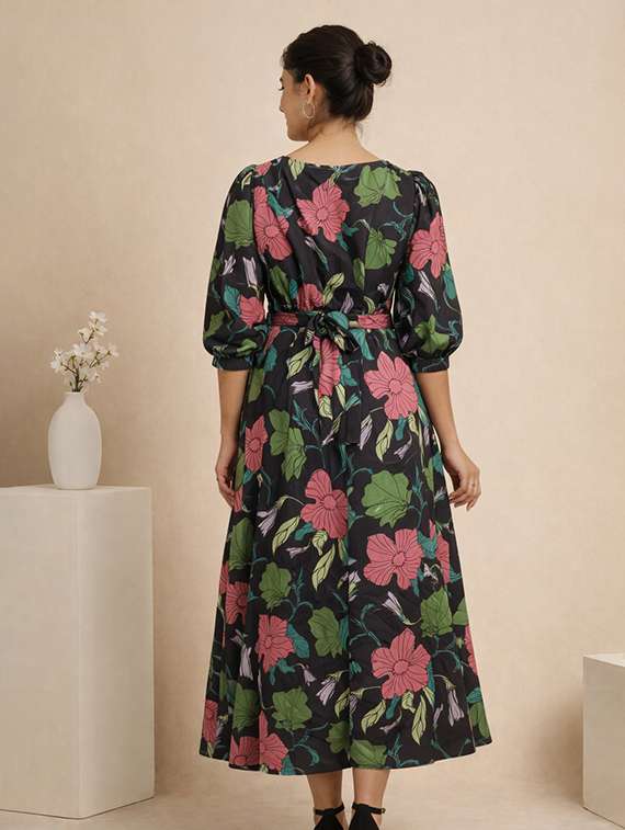 women floral print puff sleeve fit & flared dress - 22345941 -  Standard Image - 2