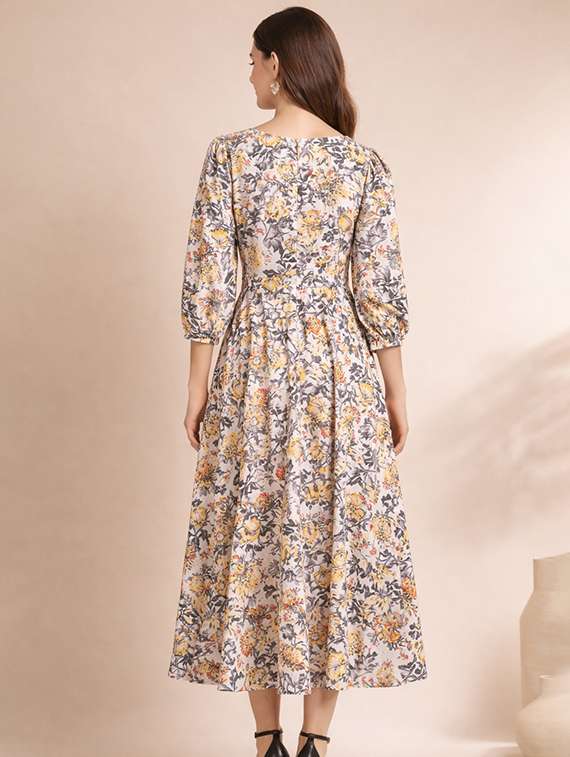 women printed puff sleeve fit & flared dress - 22345942 -  Standard Image - 2