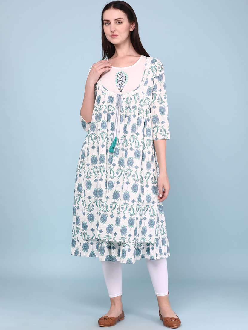 women printed three quarter sleeves flared kurta - 22346179 -  Standard Image - 2