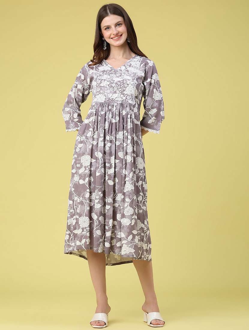 women printed three quarter sleeves fit and flare dress - 22346447 -  Standard Image - 2