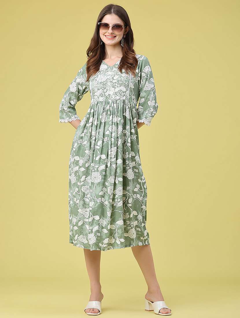 women printed three quarter sleeves fit and flare dress