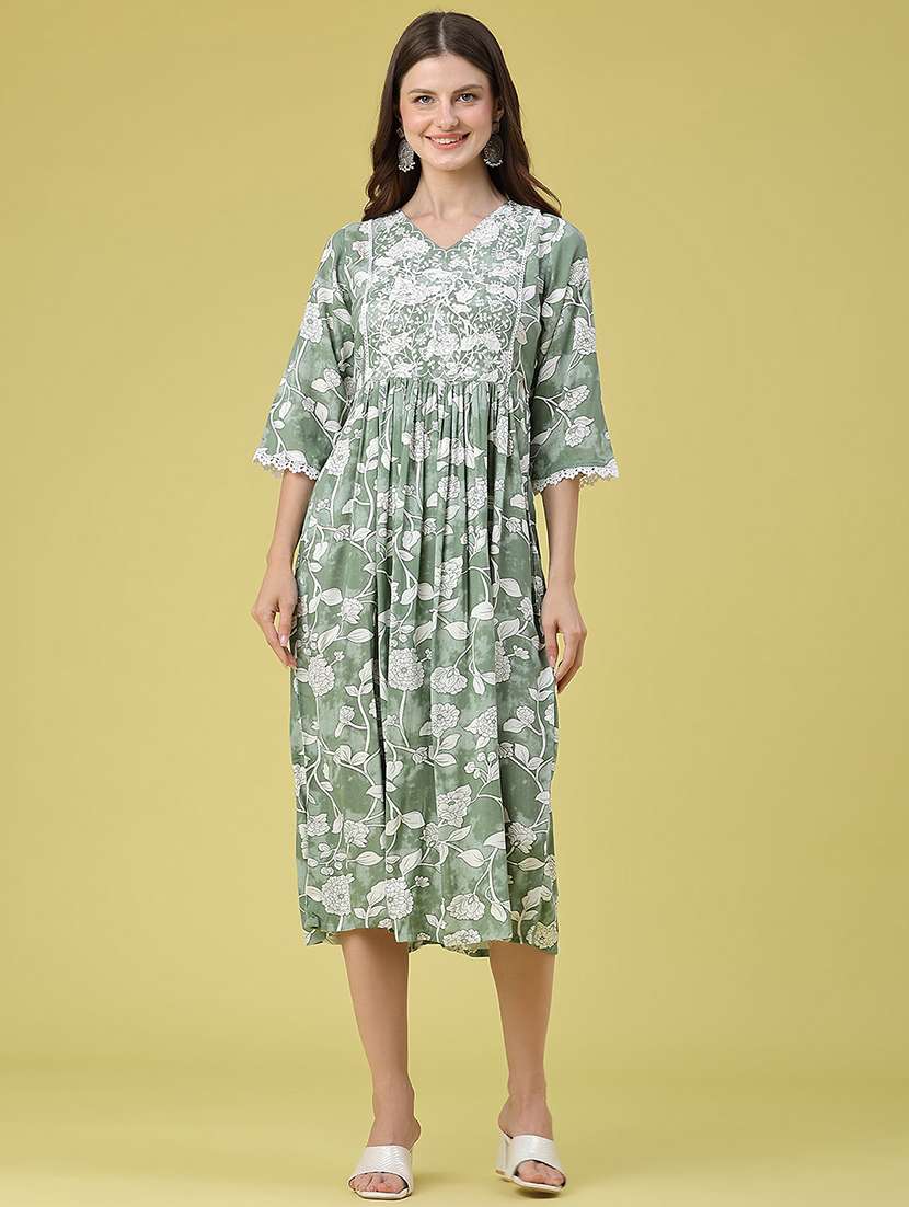 women printed three quarter sleeves fit and flare dress - 22346448 -  Standard Image - 2