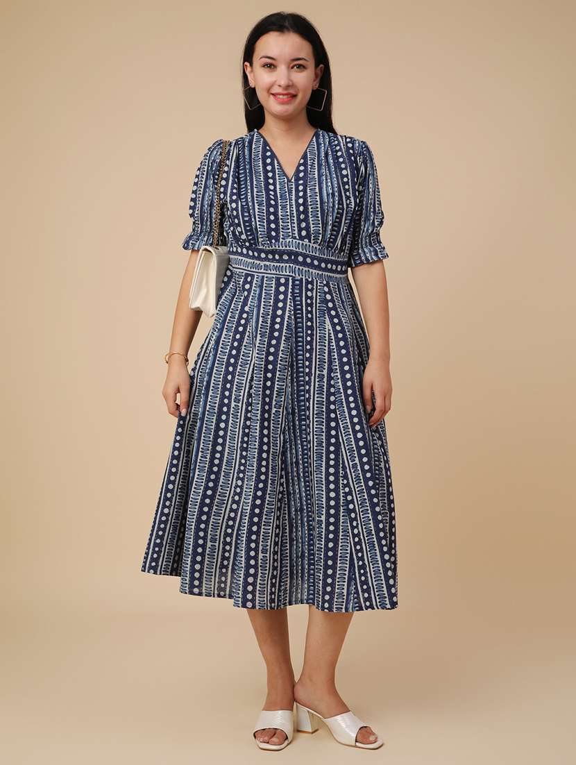 blue cotton fit & flare dress - 22346455 -  Standard Image - 2