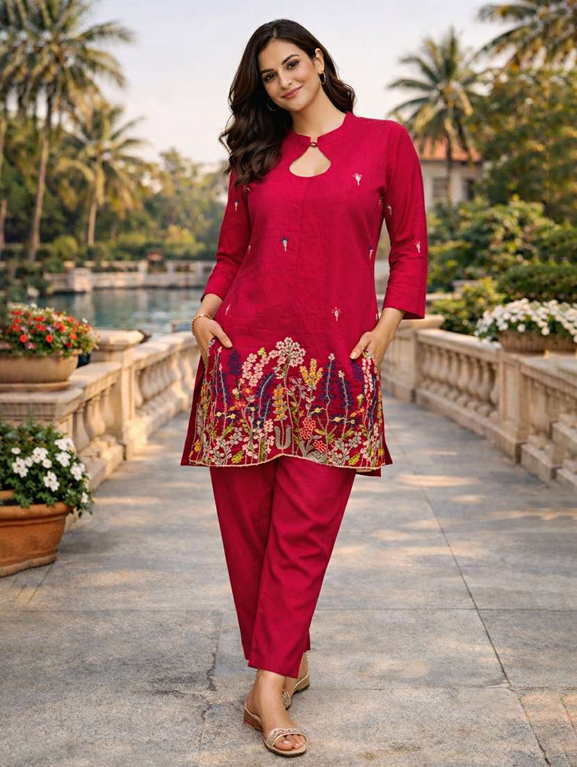 women solid with work three quarter sleeve ethnic co-ord set