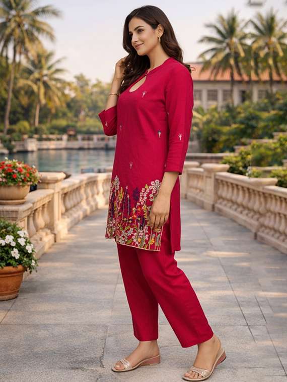 women solid with work three quarter sleeve ethnic co-ord set - 22346495 -  Standard Image - 2