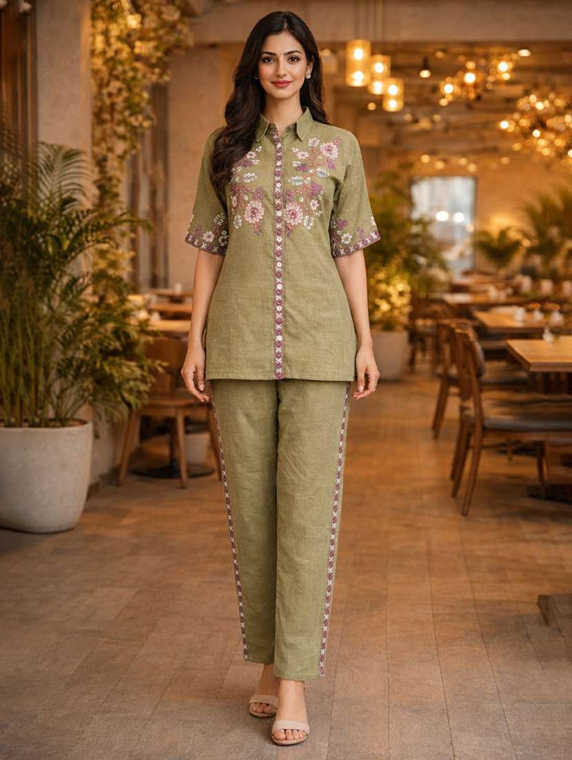women solid with work short sleeve ethnic co-ord set