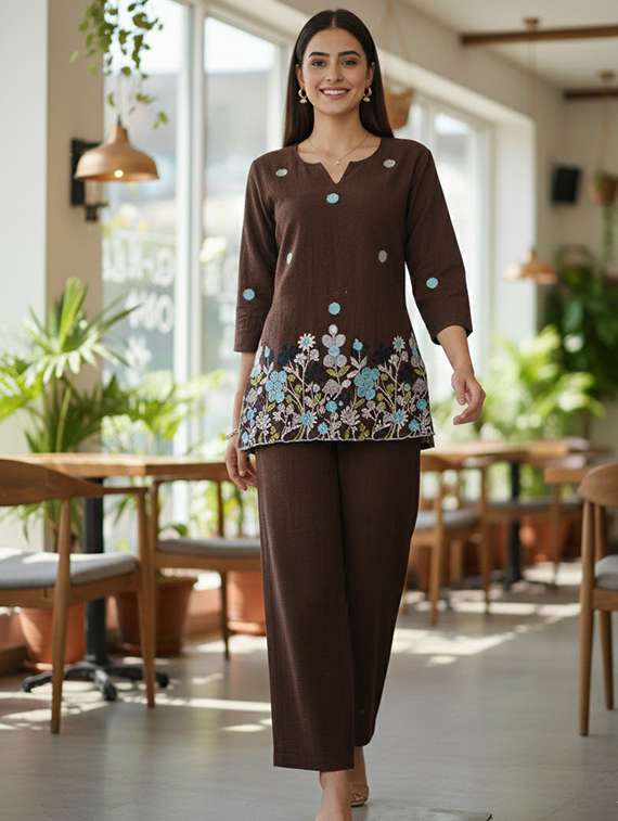 women solid with work three quarter sleeve ethnic co-ord set