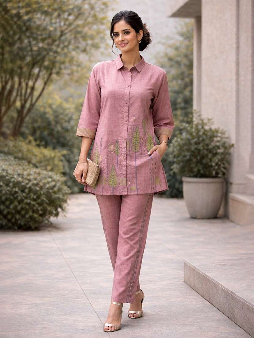 women solid with work three quarter sleeve ethnic co-ord set