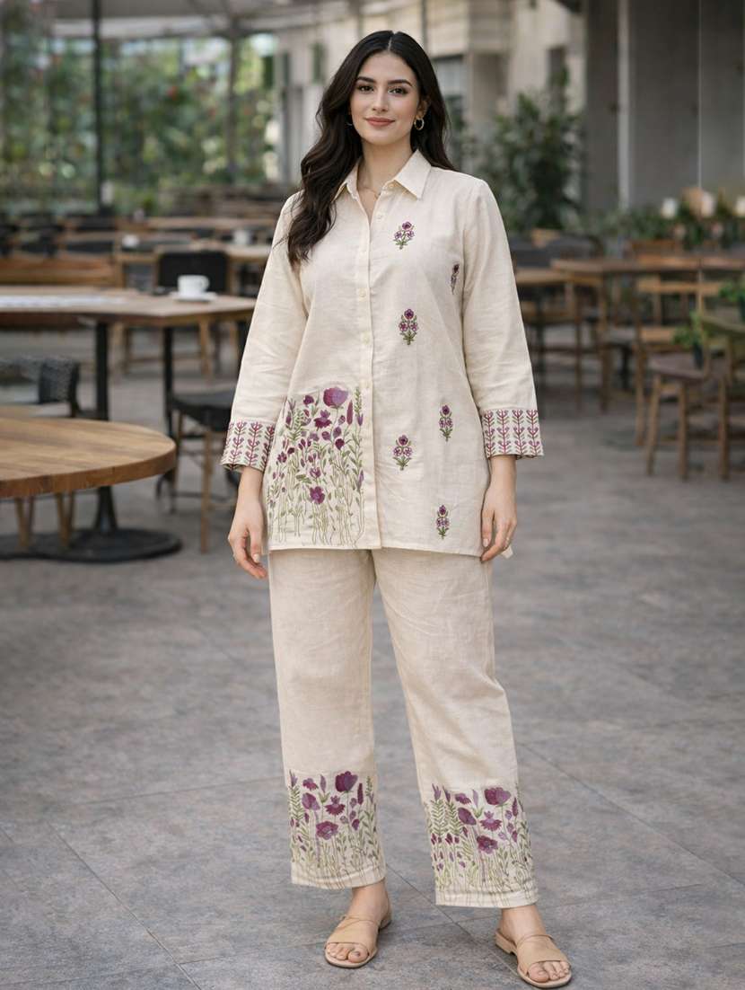 women solid with work long sleeve ethnic co-ord set