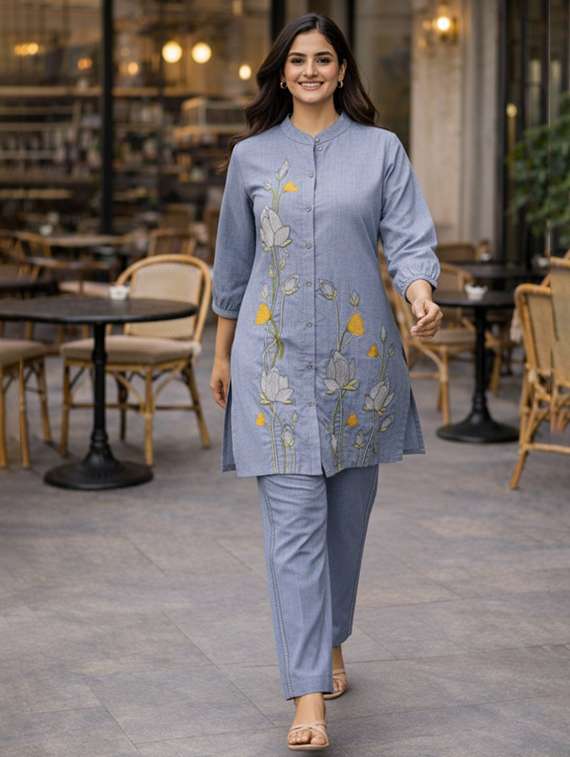 women solid with work three quarter sleeve ethnic co-ord set