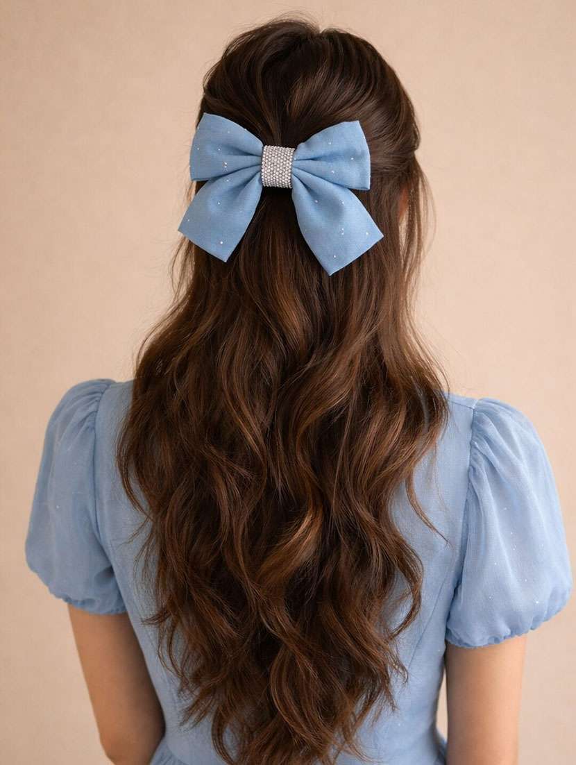 women trendy light blue fabric bow hair clip with rhinestone center