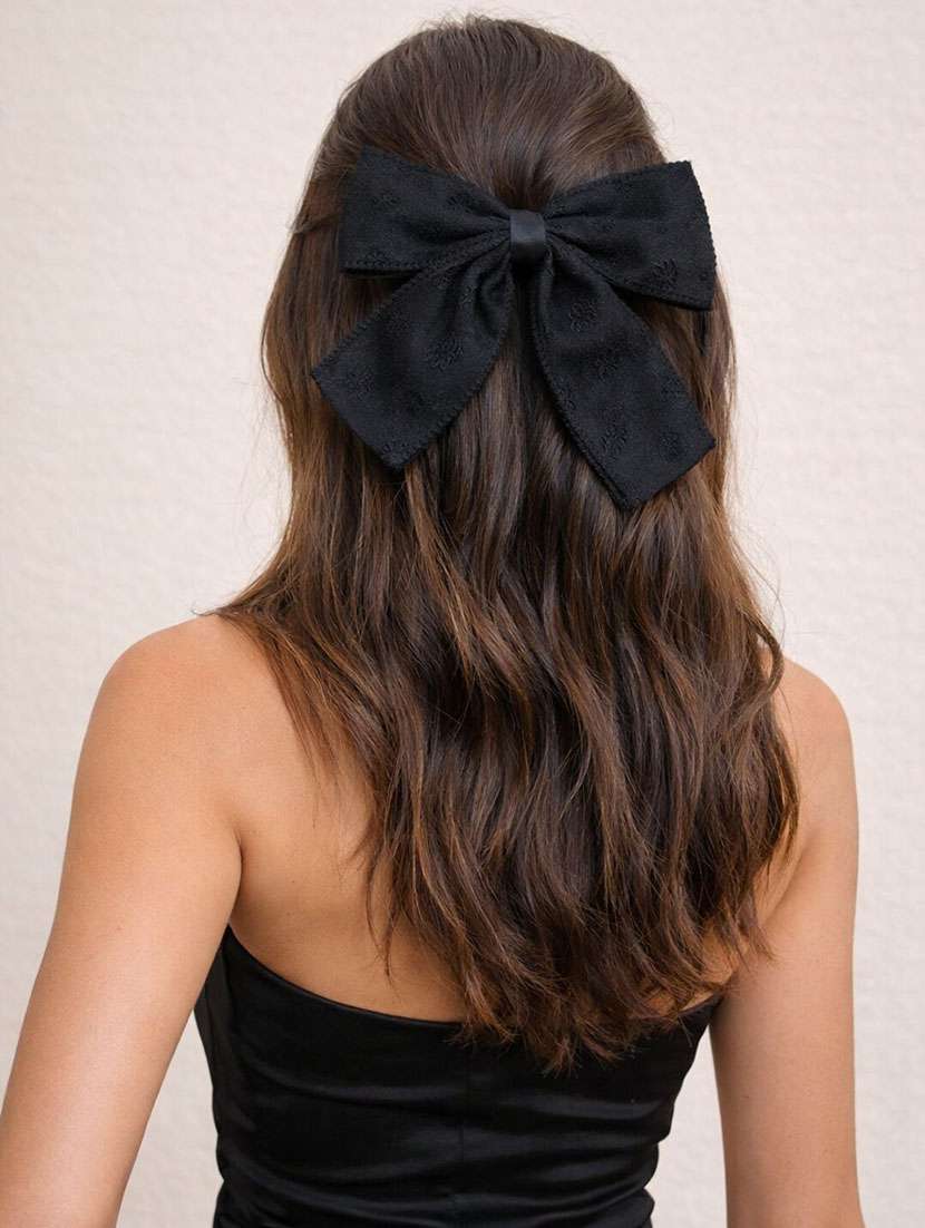 premium black embroidered bow hair clip for women