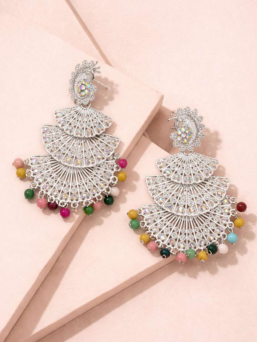 oxidised silver multi-layer fan design statement earrings with multicolour beads for women