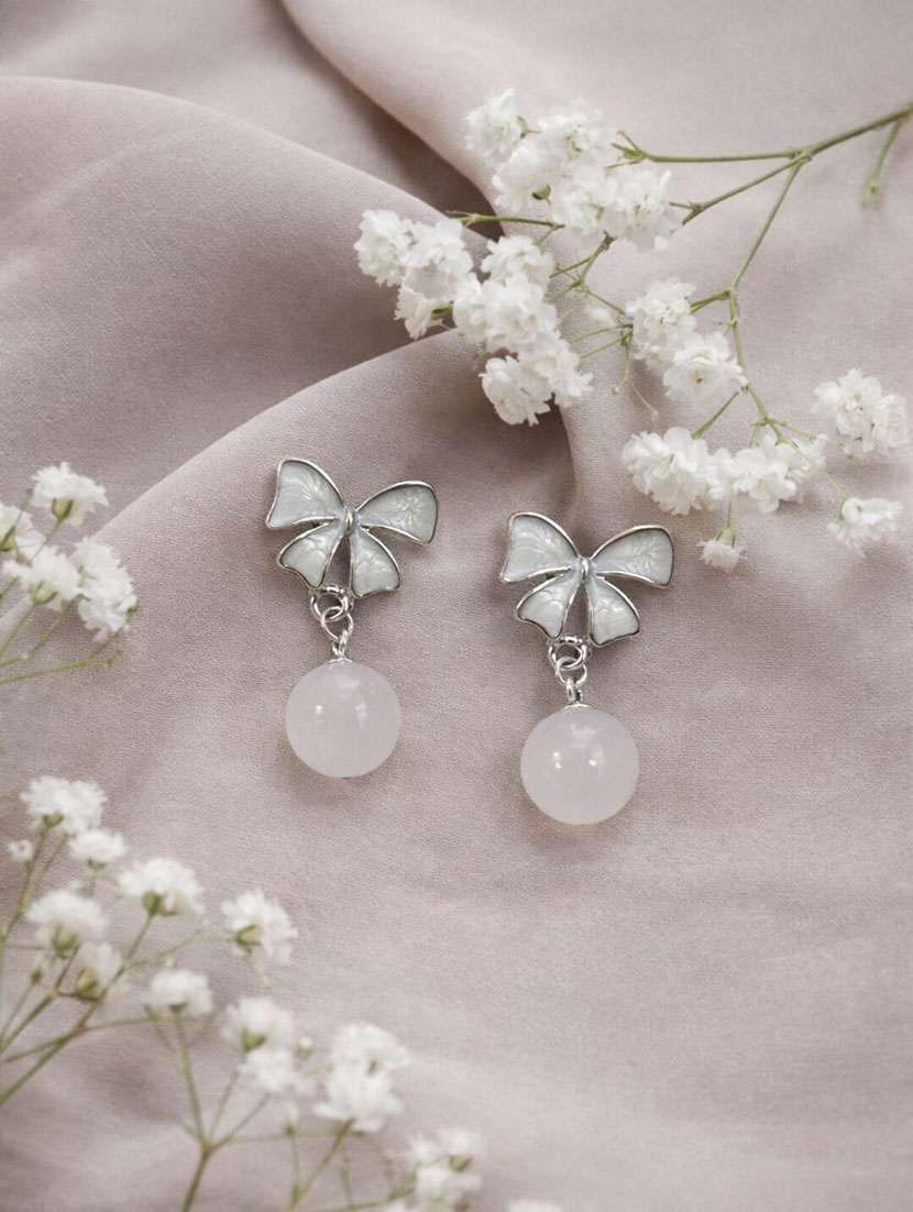 korean style bow pearl drop earrings for women