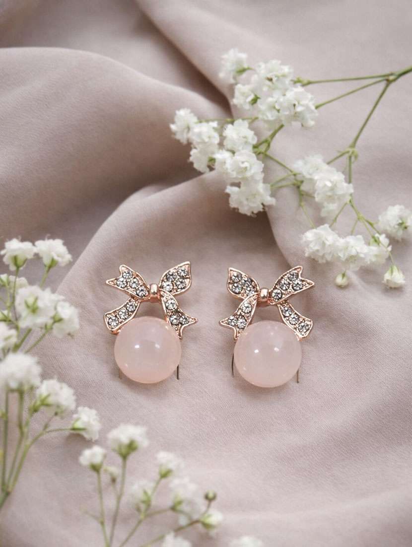 rose gold bow stud earrings with blush pink stone