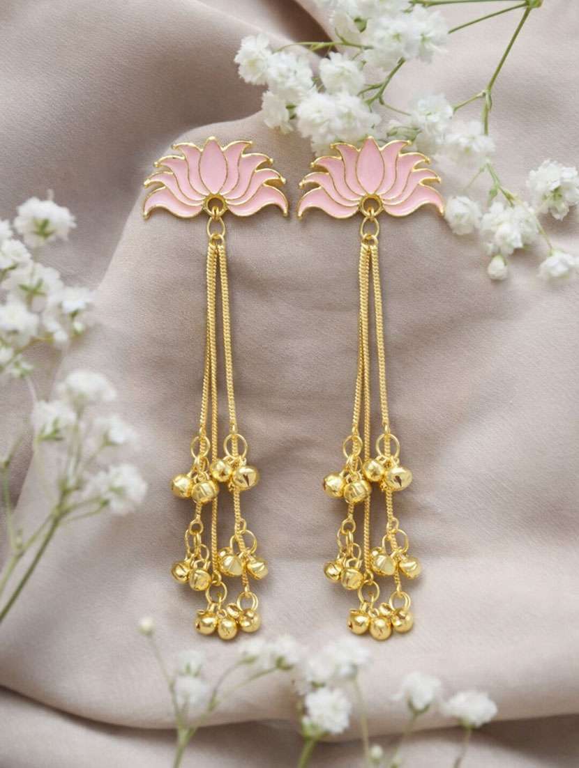kashmiri lotus enamel long drop earrings with ghungroo