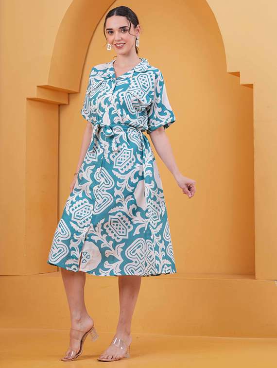 women printed short sleeve a-line dress