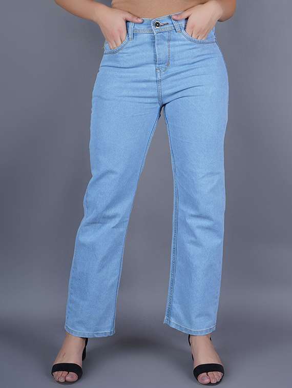 women solid high rise straight fit jeans