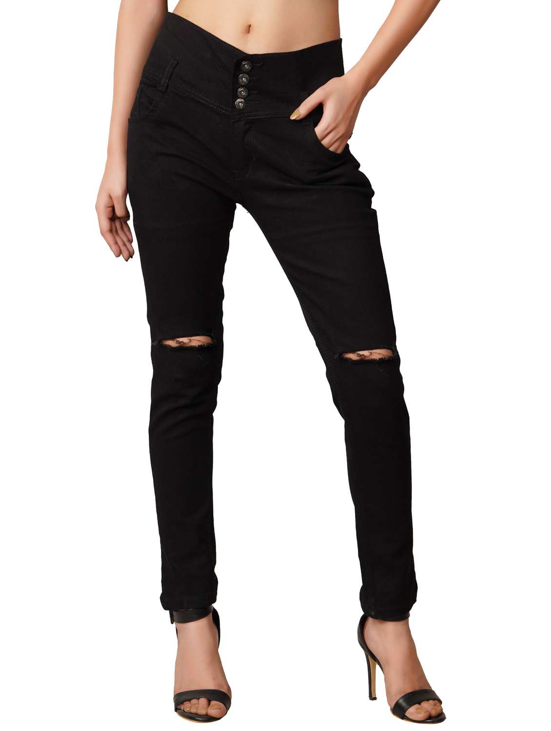 women slash knee mid rise slim fit jeans
