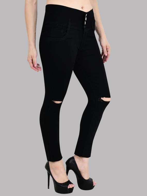 women slash knee mid rise slim fit jeans