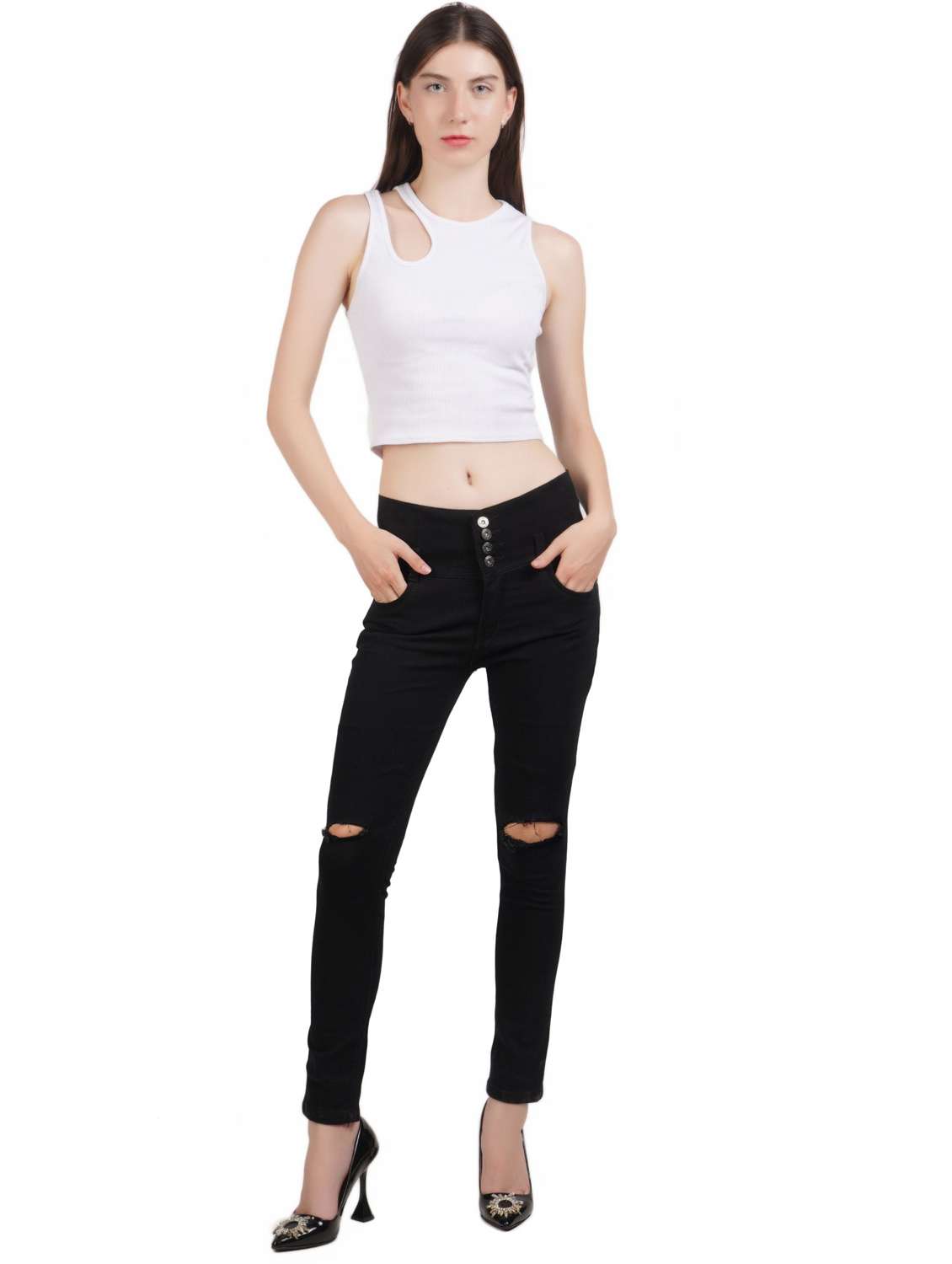 women slash knee mid rise skinny fit jeans - 22350901 -  Standard Image - 2