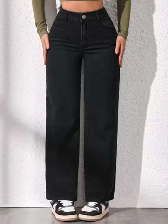 women solid high rise straight jeans