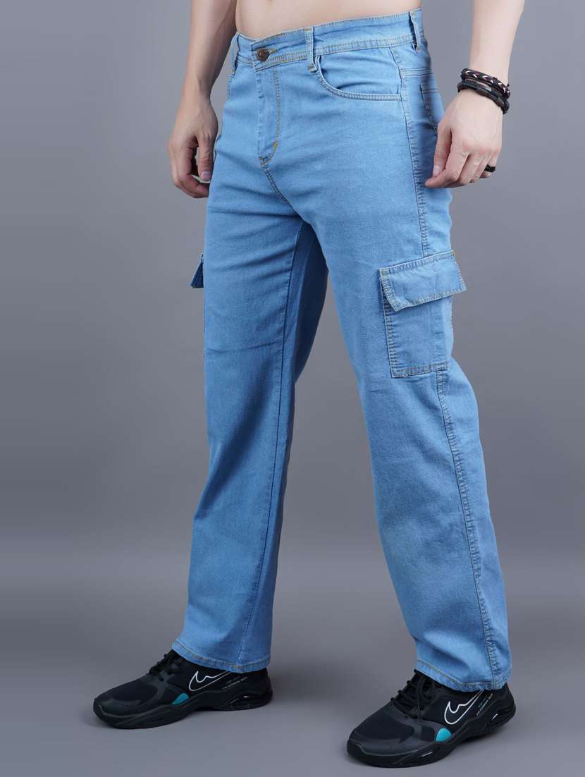 men solid mid rise denim cargo