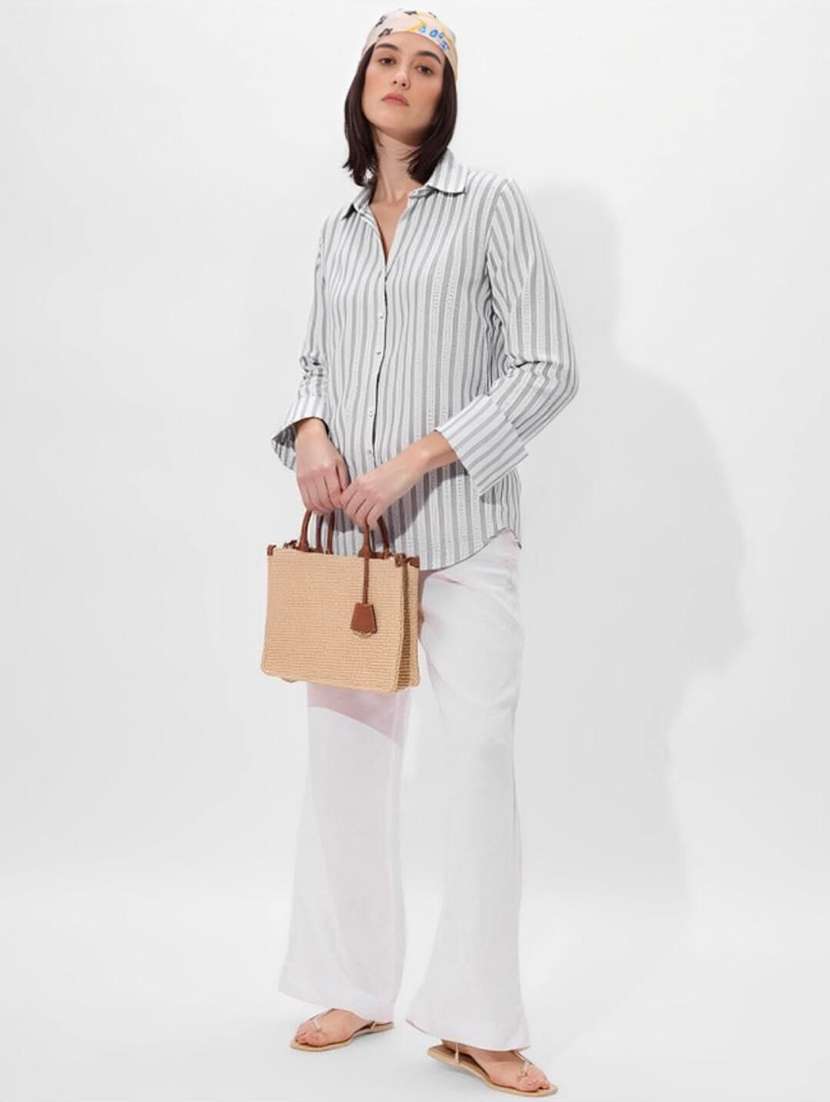 women striped collared long sleeve shirt - 22353046 -  Standard Image - 2