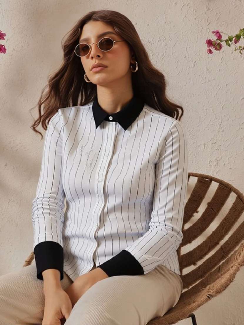 women striped collared short sleeve shirt