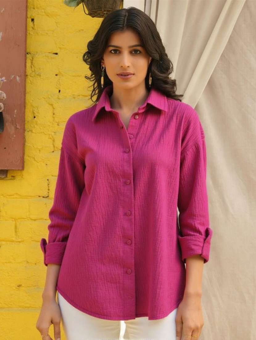 women solid collared long sleeve oversized shirt