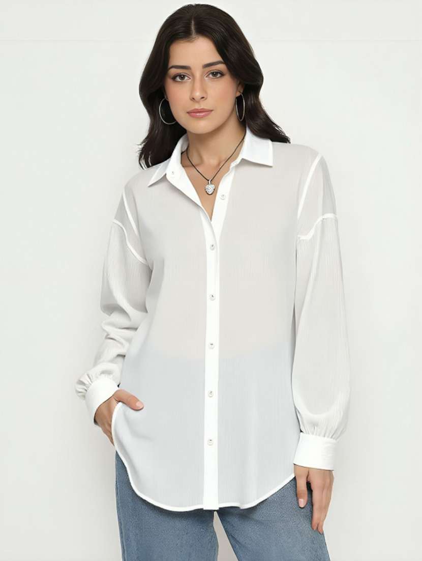 women solid collared long sleeve oversized shirt