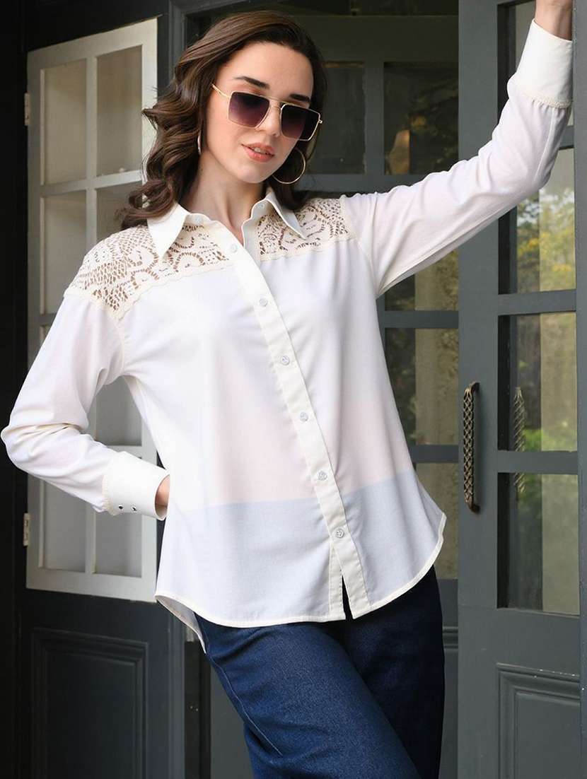 women solid collared long sleeve shirt