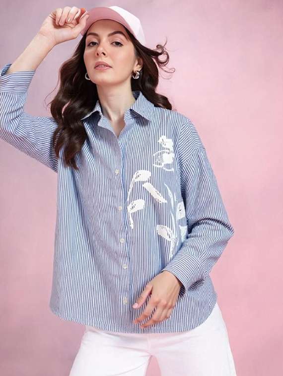 women striped collared long sleeve shirt