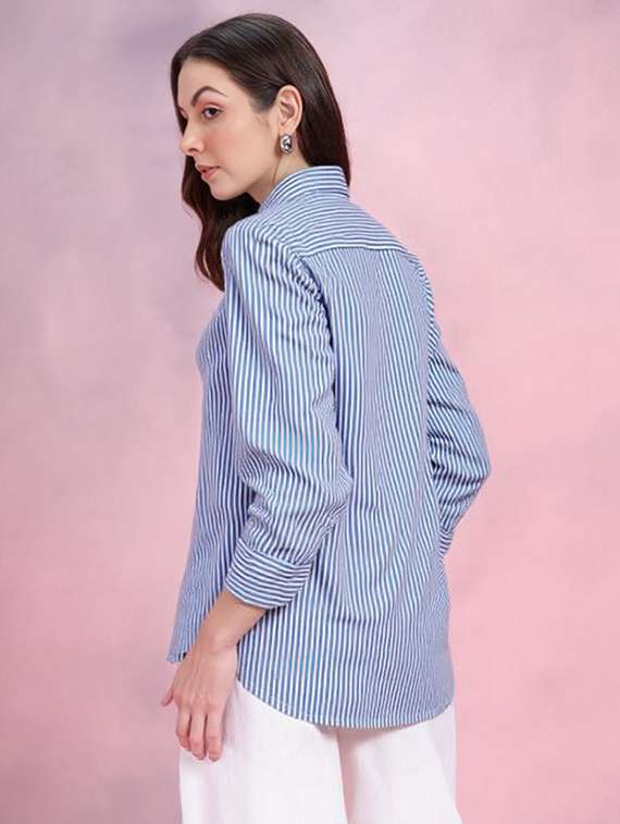women striped collared long sleeve shirt - 22353114 -  Standard Image - 2