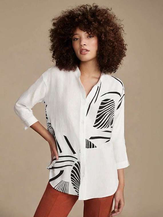 women printed collared long sleeve shirt