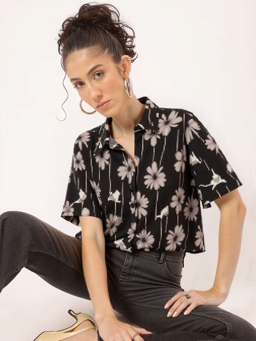 women floral print short sleeve crop shirt