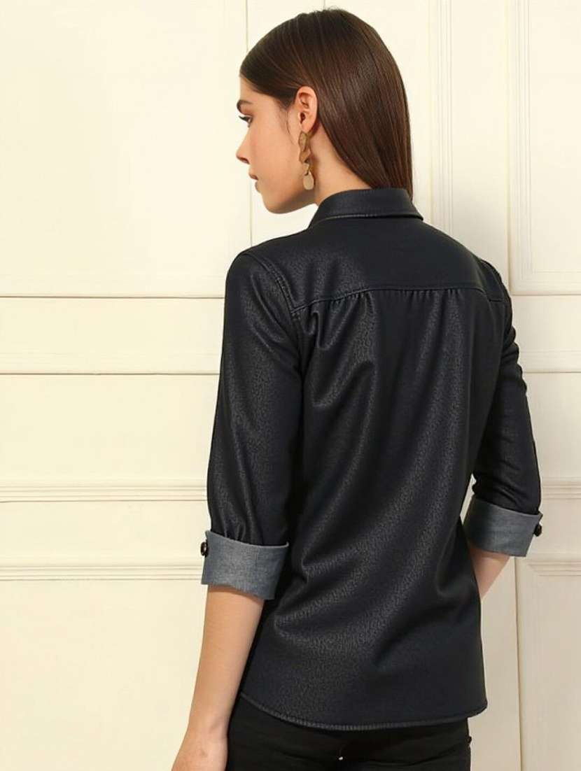 women solid collared short sleeve denim shirt - 22353184 -  Standard Image - 2