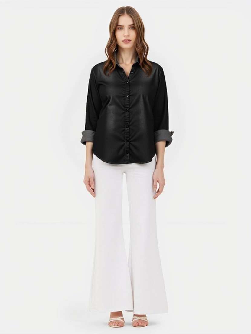 women solid collared short sleeve denim shirt - 22353185 -  Standard Image - 2