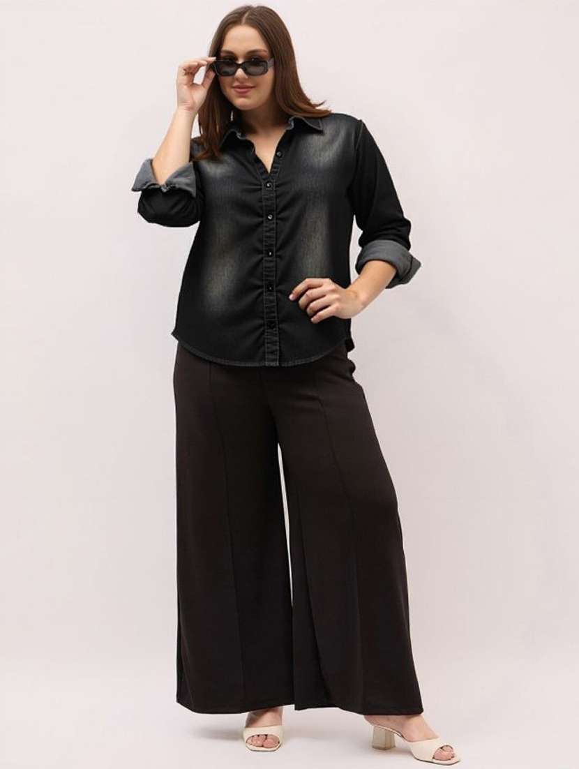 women solid collared short sleeve denim shirt - 22353191 -  Standard Image - 2