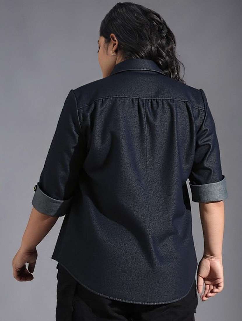 women solid collared short sleeve denim shirt - 22353192 -  Standard Image - 2